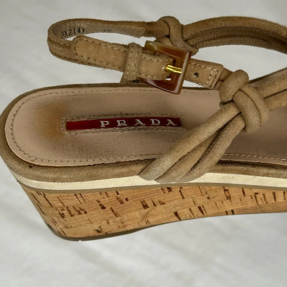 PRADA cork wedge tan suede sandals good condition designer platform size 5 - Picture 7 of 13